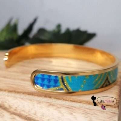 bracelet jonc manchette en acier inoxydable et tissu wax bleu turquoise doré