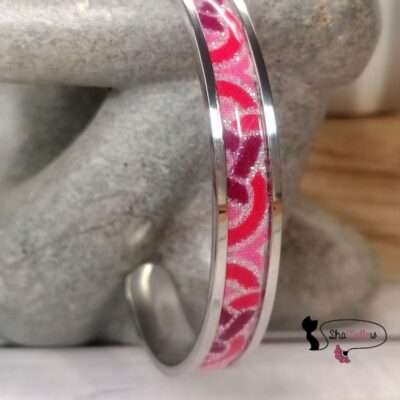 bracelet jonc manchette en wax géométrique rose paillettes argentées