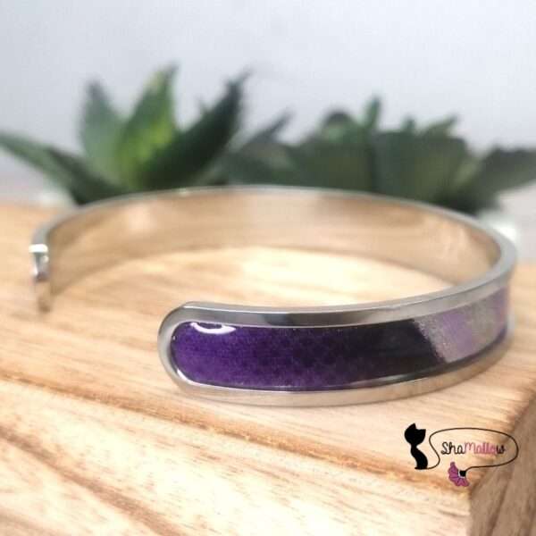 bracelet jonc manchette en wax violet parme à paillettes argentées