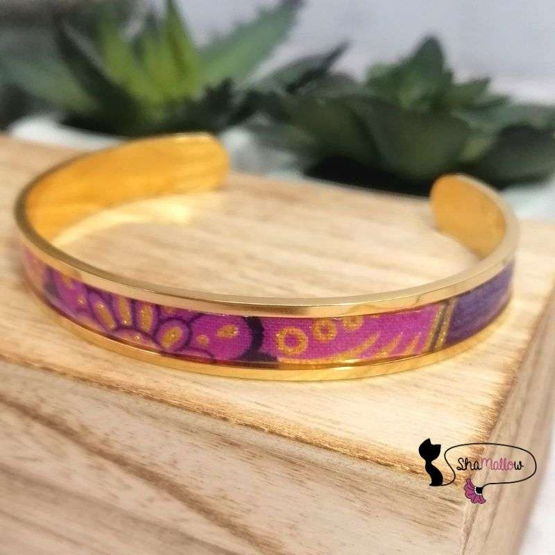 bracelet jonc manchette en wax rose violet paillettes dorées