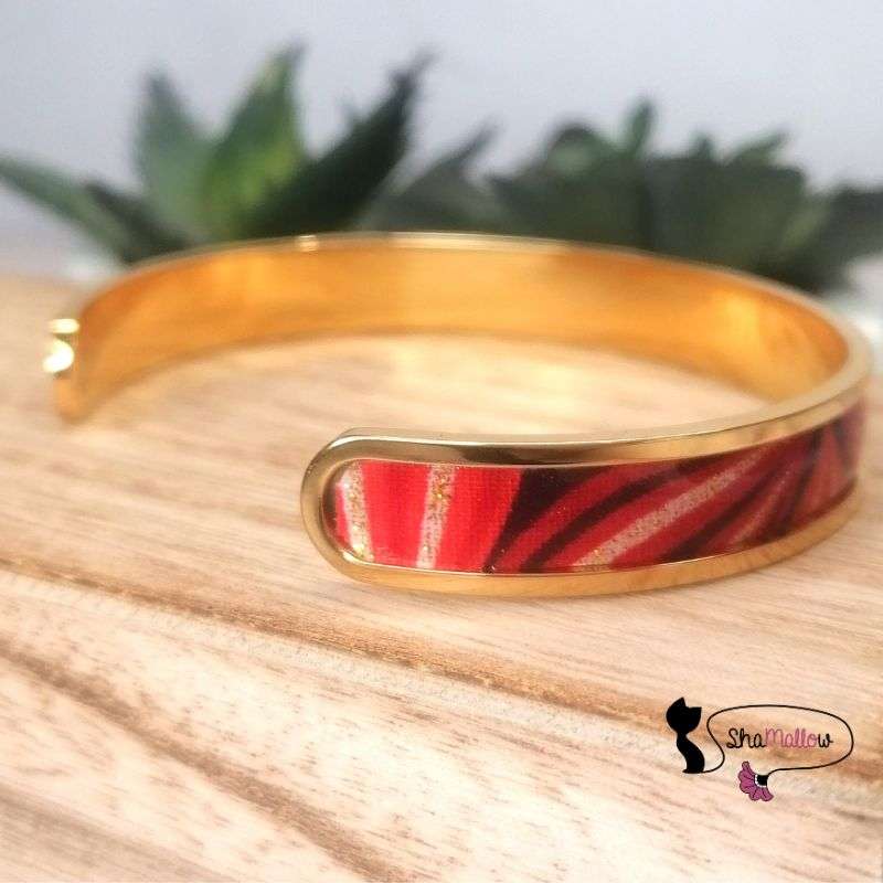Bracelet jonc doré en acier inoxydable orange ou rouge ajustable
