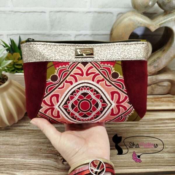 Pochette Okala velours bordeaux et wax pailleté rose antique kaki