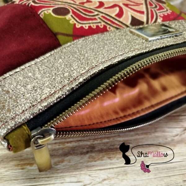 Pochette Okala velours bordeaux et wax pailleté rose antique kaki – Image 7