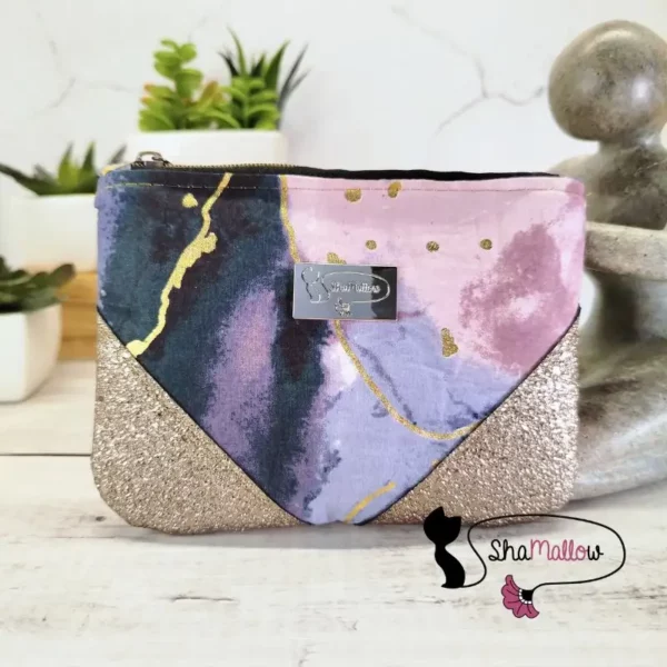 Portemonnaie ou mini trousse en cuir synthétique et wax marbré gris et rose – Image 2