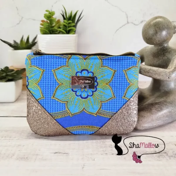Portemonnaie ou mini trousse en cuir synthétique et wax rosace bleu turquoise – Image 3