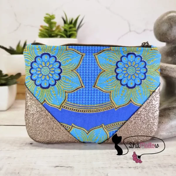 Portemonnaie ou mini trousse en cuir synthétique et wax rosace bleu turquoise – Image 4