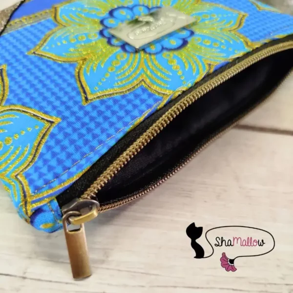 Portemonnaie ou mini trousse en cuir synthétique et wax rosace bleu turquoise – Image 5