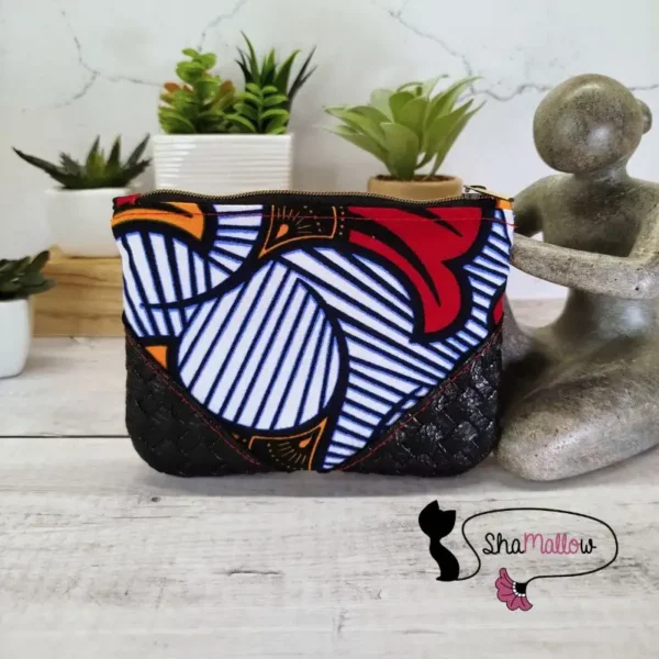 Portemonnaie ou mini trousse en cuir synthétique et wax fleur de mariage jaune et rouge – Image 5