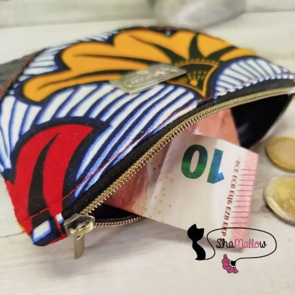 Portemonnaie ou mini trousse en cuir synthétique et wax fleur de mariage jaune et rouge – Image 4