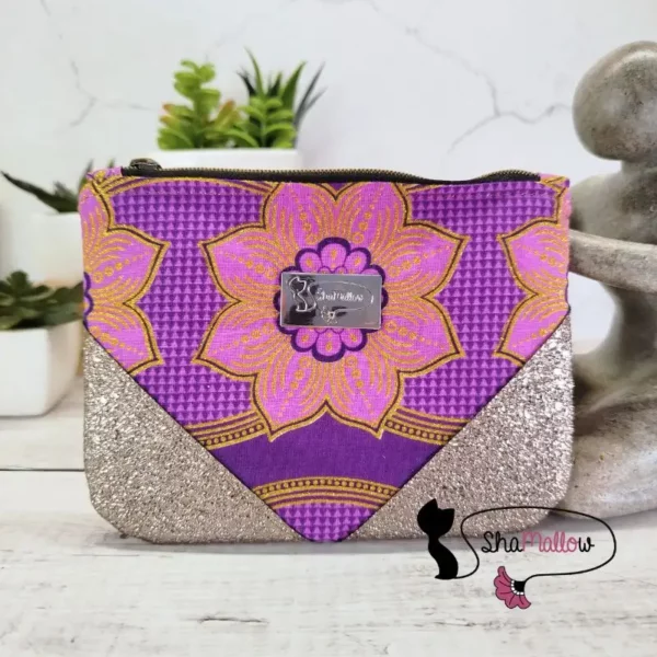 Portemonnaie ou mini trousse en cuir synthétique et wax rosace rose fuchsia – Image 3
