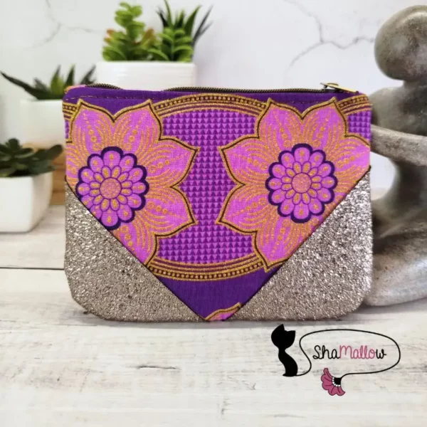 Portemonnaie ou mini trousse en cuir synthétique et wax rosace rose fuchsia – Image 4