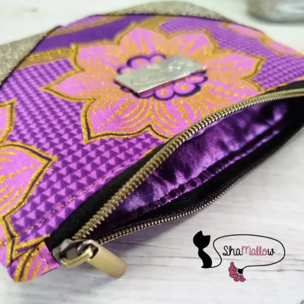 Portemonnaie ou mini trousse en cuir synthétique et wax rosace rose fuchsia – Image 2