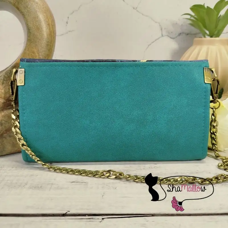 Pochette de soirée en similicuir bleu turquoise et tissu wax marbré gris – Image 4