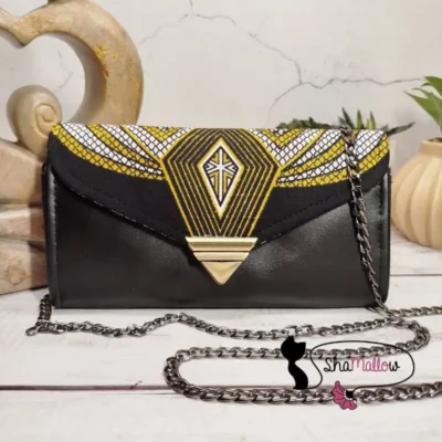 Pochette de soirée en similicuir noir & wax géométrique noir/blanc à paillettes dorées