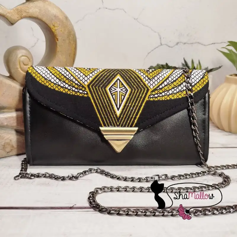 Pochette de soirée en similicuir noir & wax géométrique noir/blanc à paillettes dorées