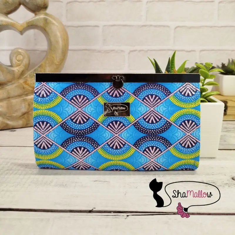 Portefeuille compagnon femme wax turquoise motif géométrique paillettes roses fait main Shamallow